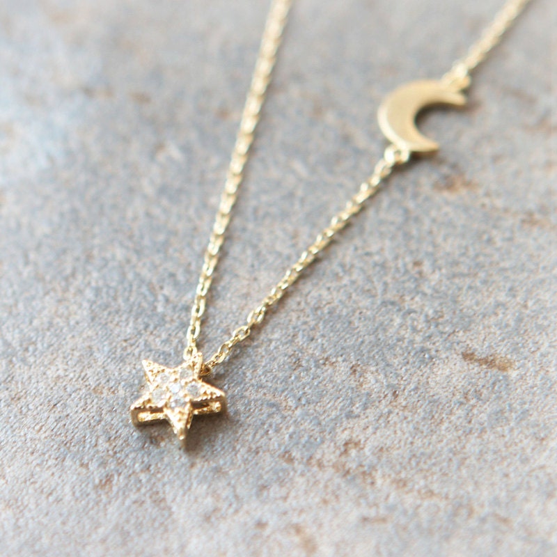 Shiny Star and Moon Necklace in gold