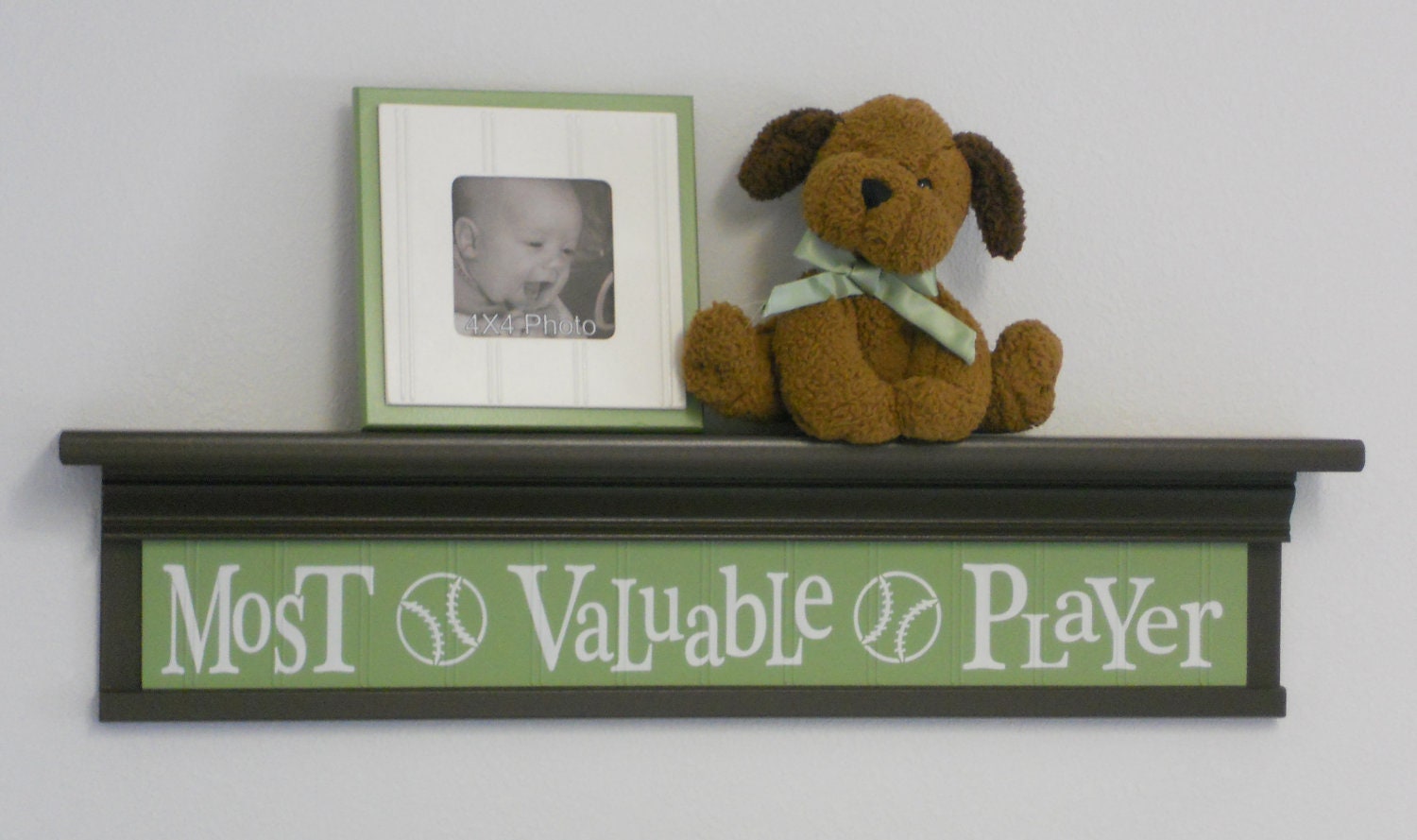 Baseball Sport Wall Decor Baby Nursery - Sign - Most Valuable Player on 30" Shelf Brown and Green Nursery