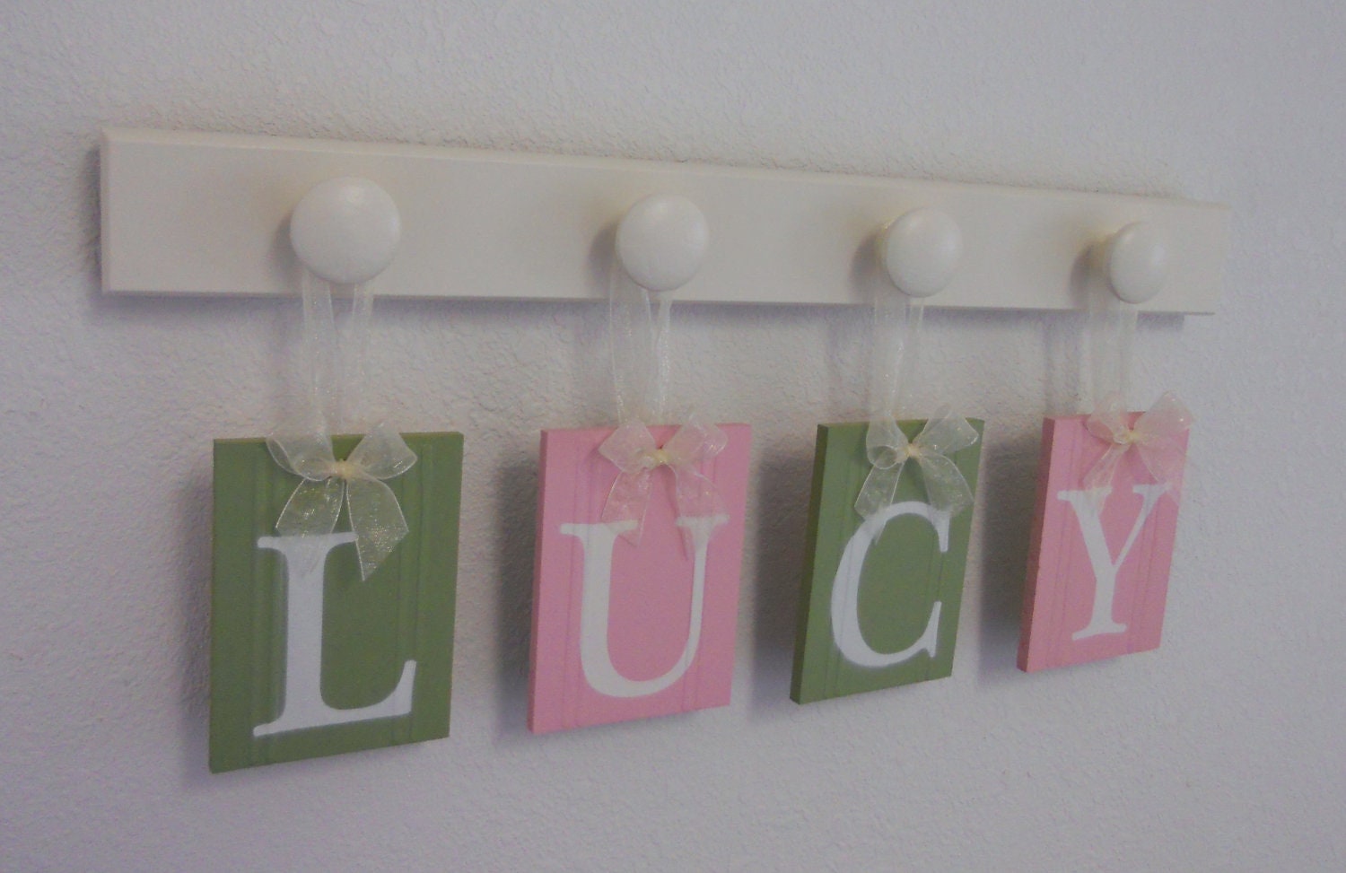 Nursery Wall Hanging Baby Letters on Wall for LUCY in Pink and Green with 4 Wall Hooks Painted Linen White