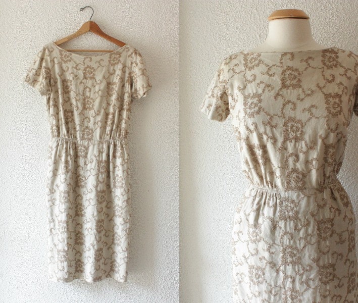 1950s Tan Linen Wiggle Dress Size M