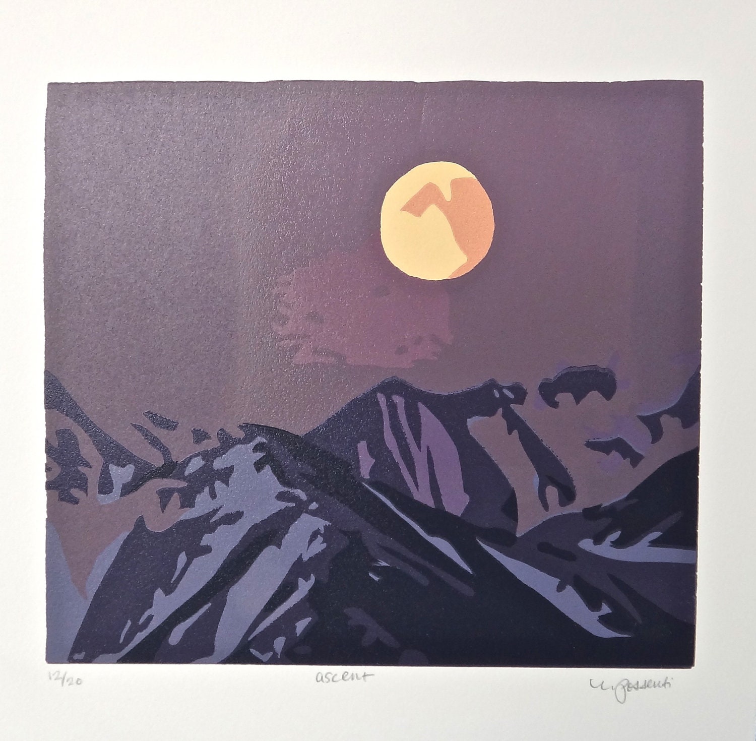 Original Mountain Range Linocut Print with Signature, "Ascent"
