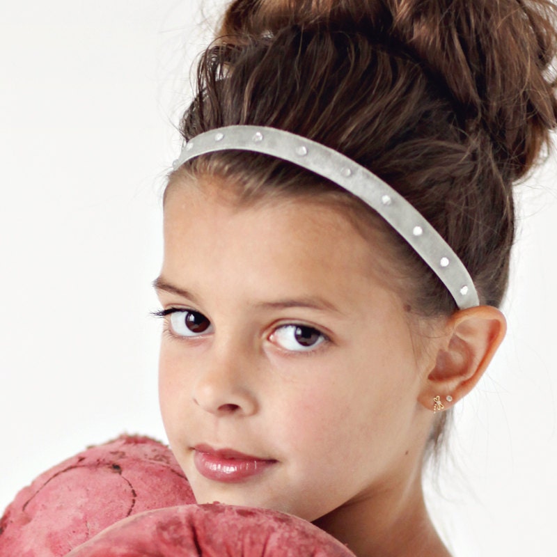 Headband-Ready to ship silver grey velvet stretch headband with crystal accents - flower girl accessory - flower girl headband