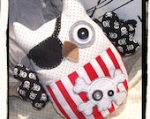 PIRATE OWL - Red White Stripes - Black White Skulls