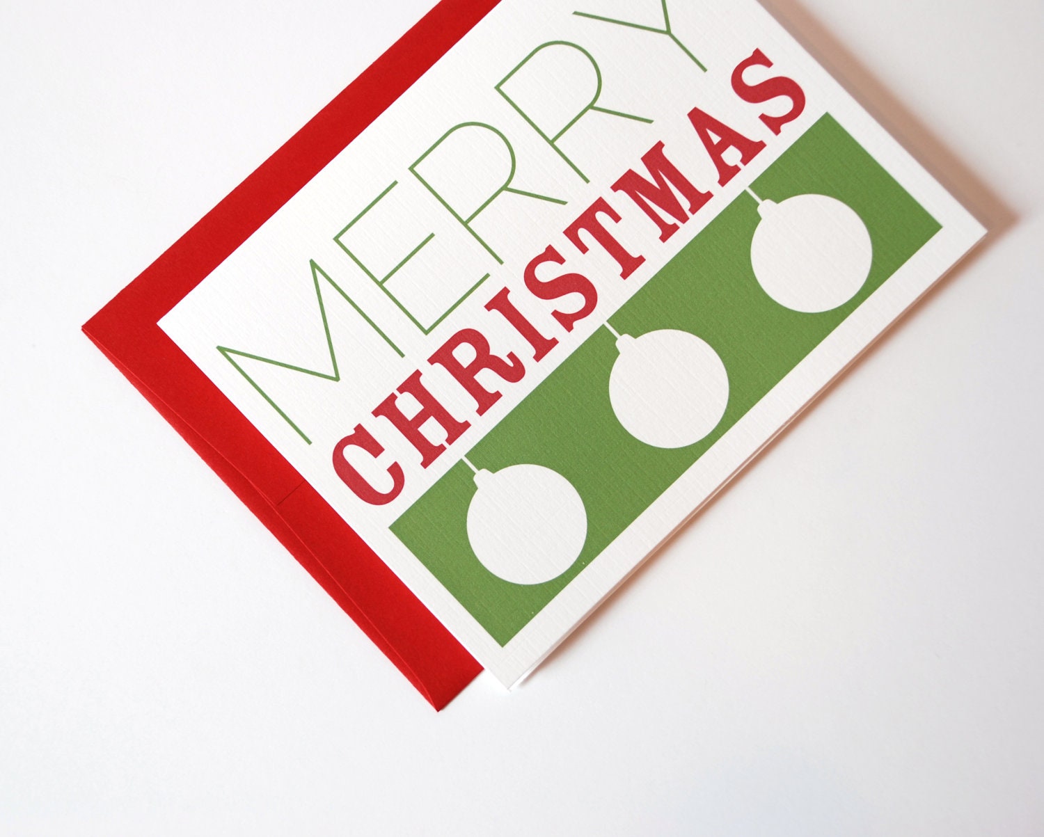 Christmas Card Set of 10 - Red and Green with White Ornaments
