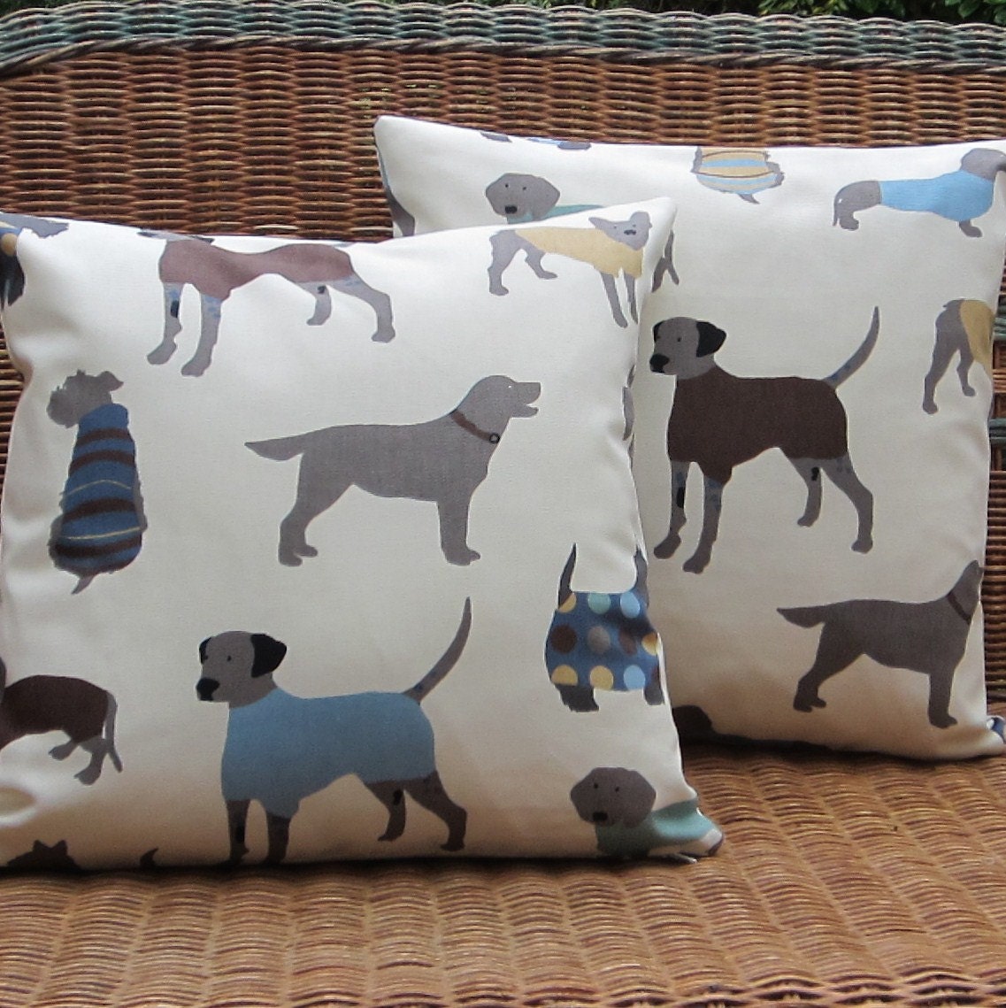 Decorative Pillow Covers Cushion Covers 16 inch Blue Dogs Fabric on Front and Back Set of Two
