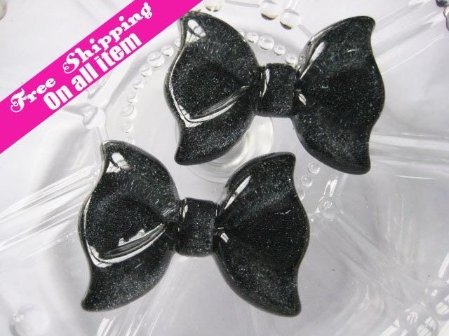 56 x 40mm Glitter Bow Cabochon Flatback // Clear Black, 2 pc