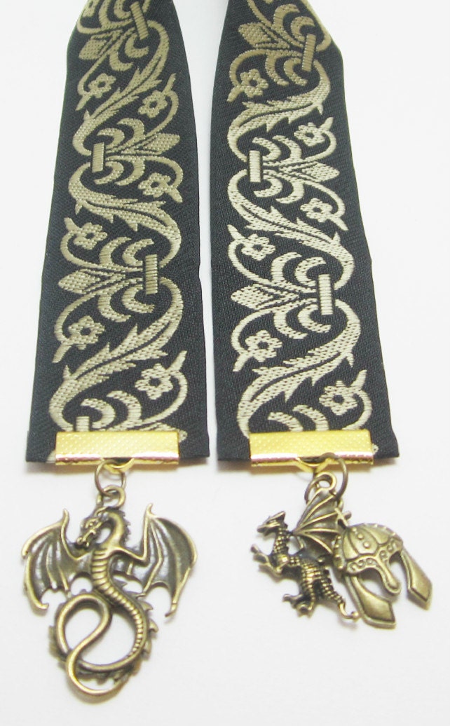 Bronze Scrolled Black Fantasy Aeonith Ribbon Bookmark with Dragons and Helmet Charms
