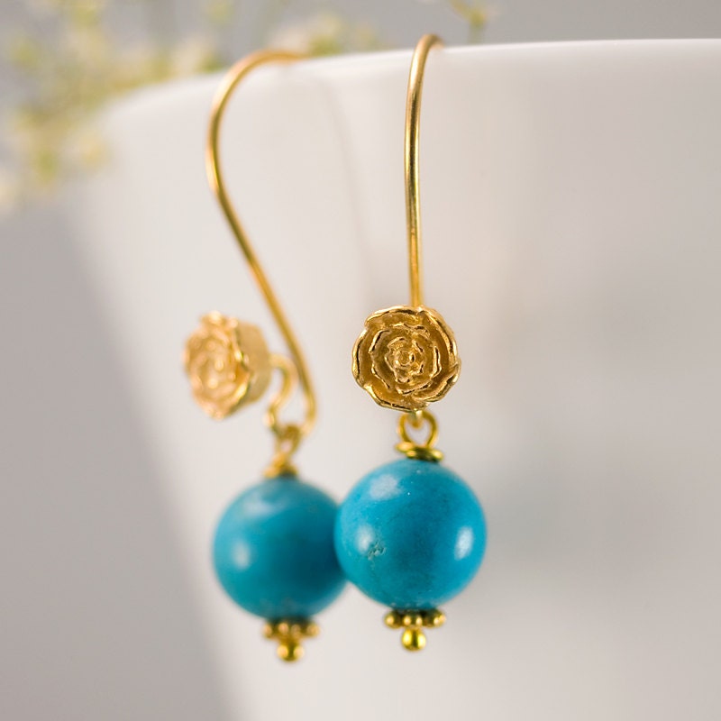 December Birthstone Earrings - Turquoise Earrings - Gold Earrings - Flower Earrings