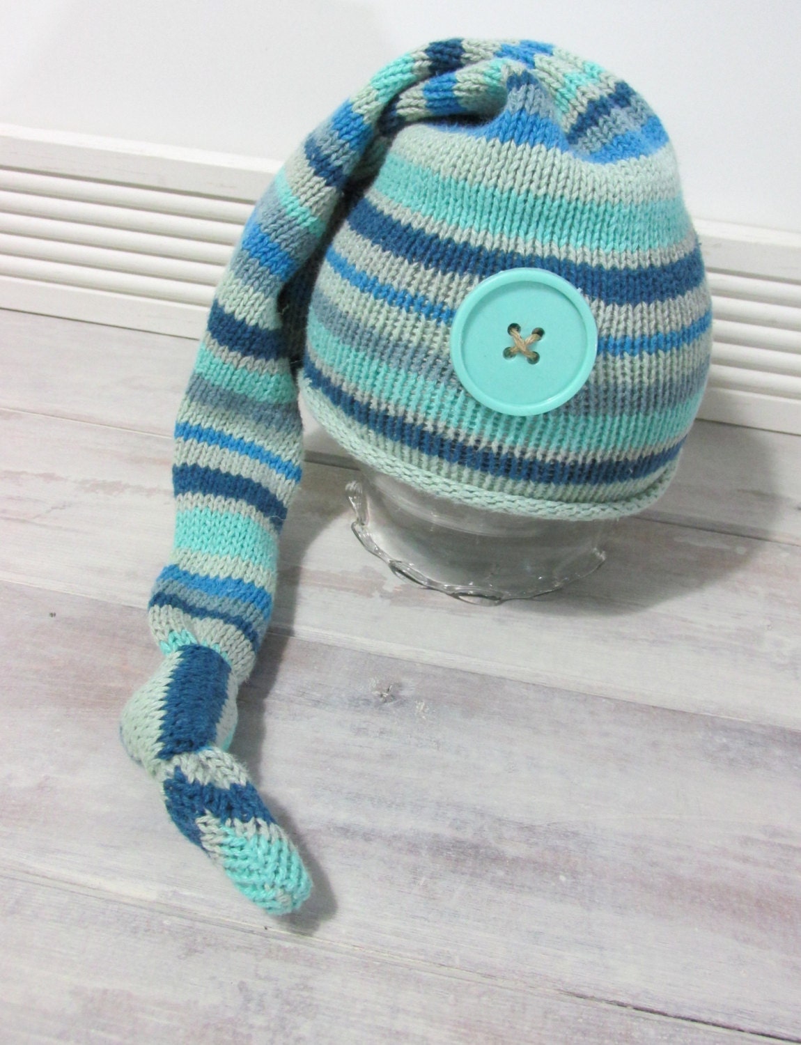 Darling boys blue striped cotton knit photo prop hat, newborn photography props