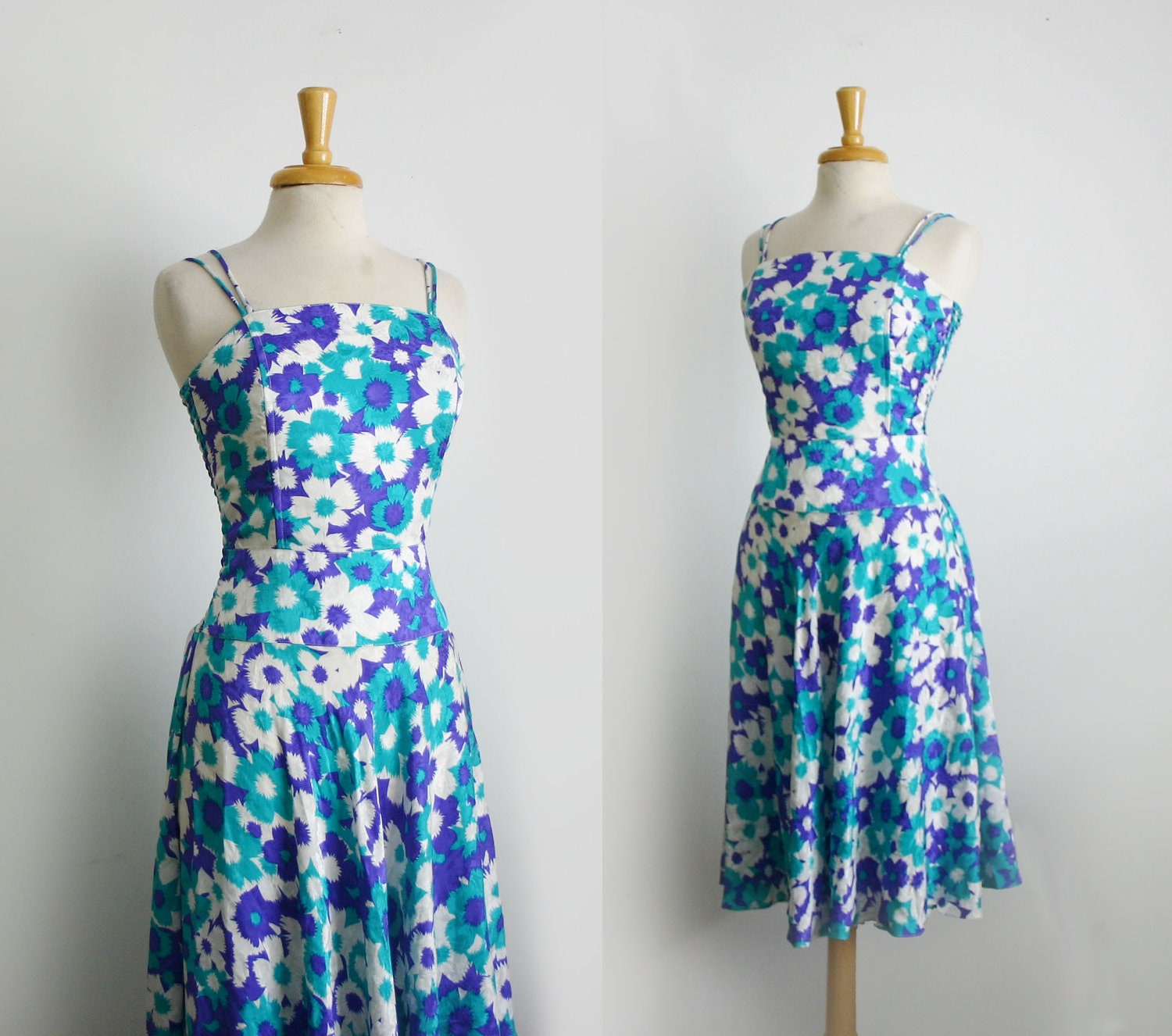 1970s or 1980s spaghetti strap  floral garden silk  sundress midi dress, size small or medium