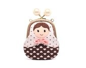 Pearly white felt applique Russian doll clutch pouch