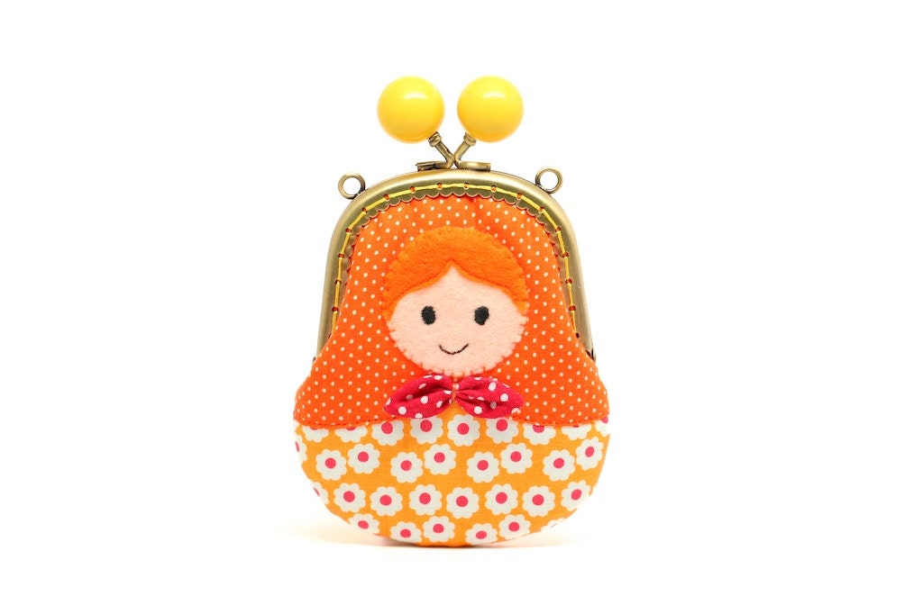 Orange felt applique Russian doll clutch pouch