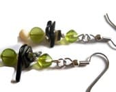Black Lip Shell Earrings, Bohemian Earrings, White Shell Earrings, Ecofriendly Earrings, Lime Green Czech Glass Silver Beaded Earrings