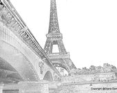 Eiffel Tower- Paris France Sketch 8x10 Abstract Drawing seine river,  bridges, paris, france, ink drawings