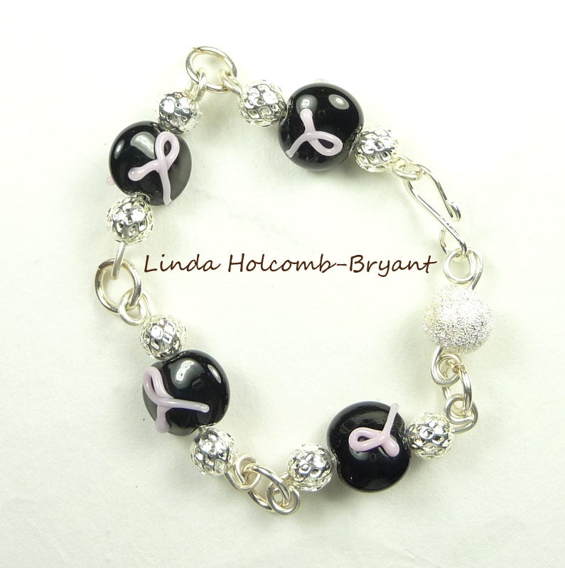 Awareness Bracelet of Black & Pink Lampwork Glass Beads