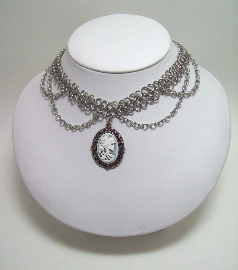 Gothic, choker, chainmaille, necklace.  Day of the Dead, Dia de los Muertos, skeleton, woman, vampire, zombie