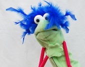 Lime Green Hand Puppet with Rod Arms Google Eyes Moving Mouth
