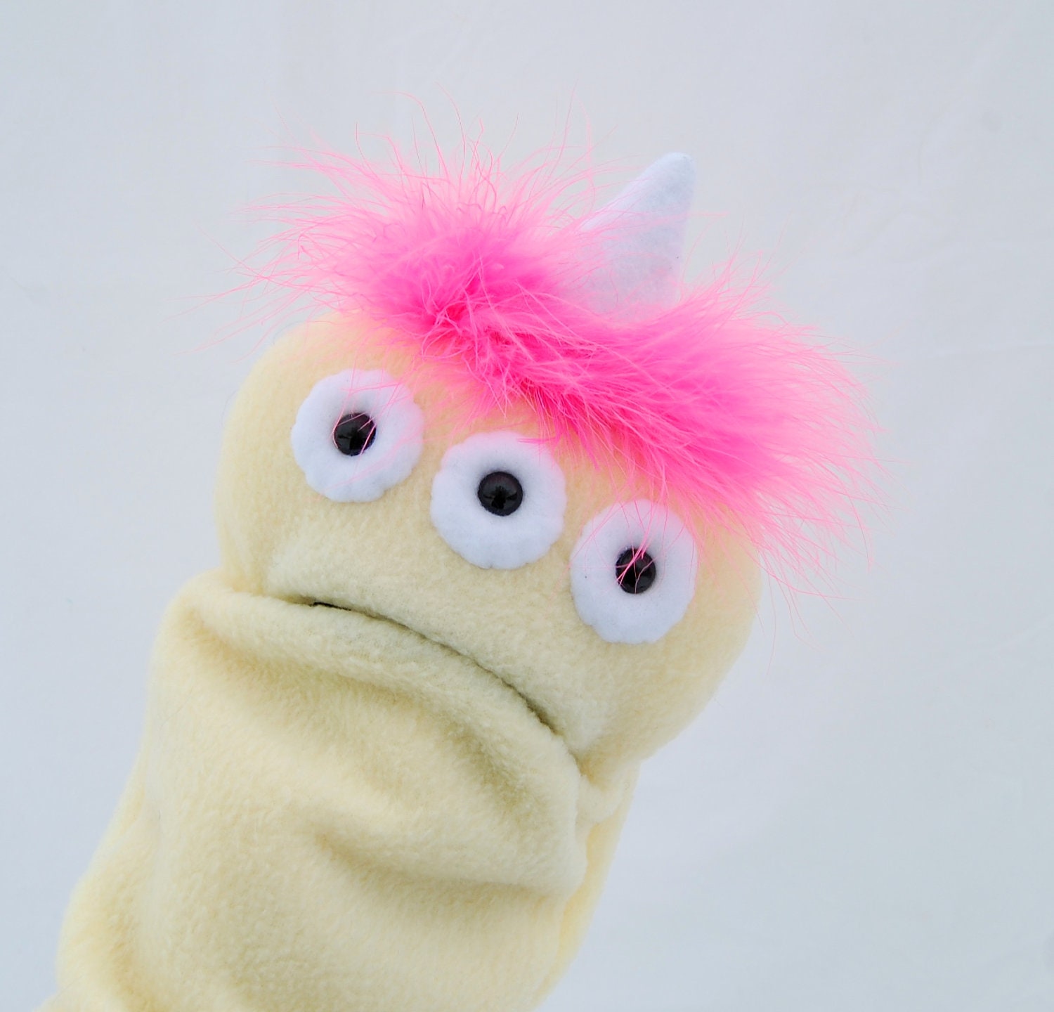 Yellow and Pink Hand Puppet Three Eyed Baby Monster Plush Toy