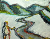 Hitchhiker , Original Mixed Media Modern Art, 9"x12", oil and graphite on paper
