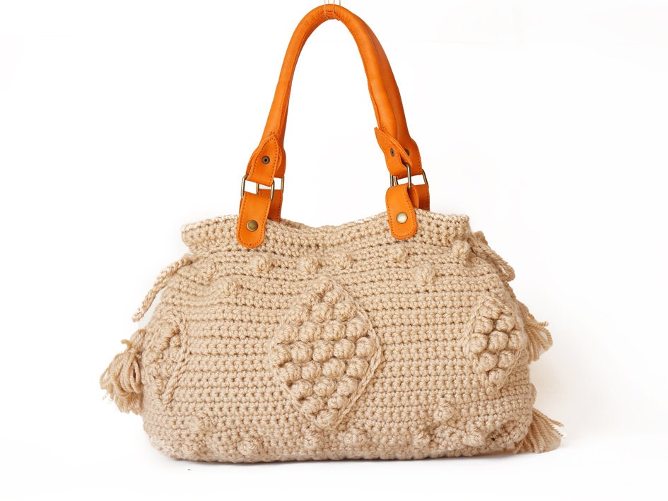 new season bag-Beige Handbag Celebrity Style With Genuine Leather Straps / Handles shoulder bag-crocheted bag-hand made