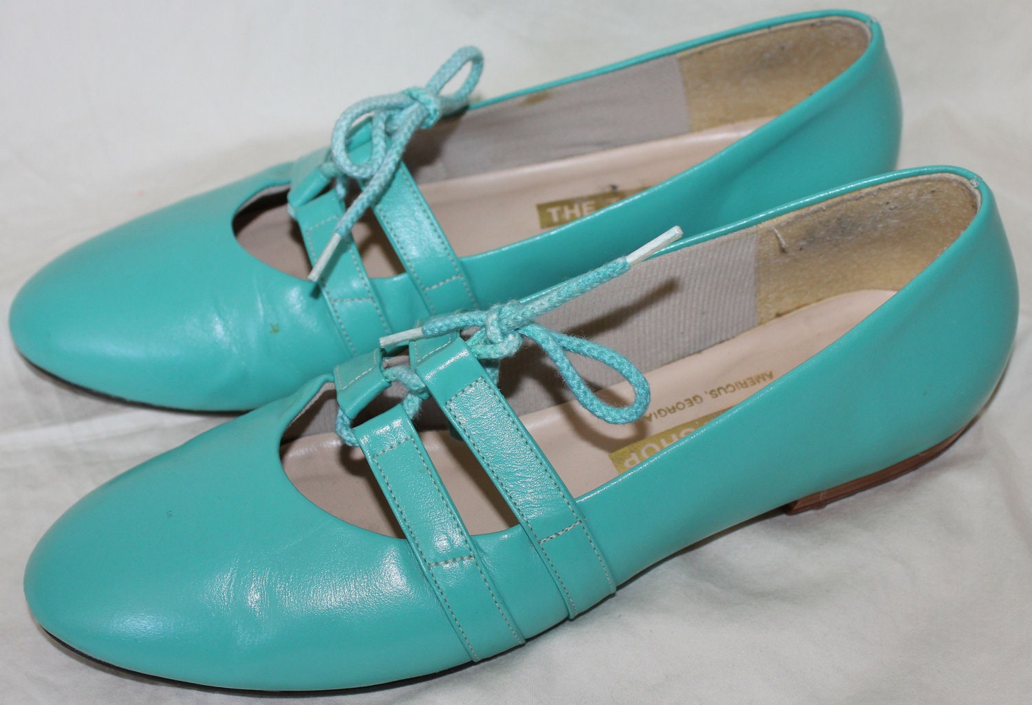 RESERVED for absolutelyi: vtg 80s leather BALLET FLATS turquoise blue shoes 8  a156