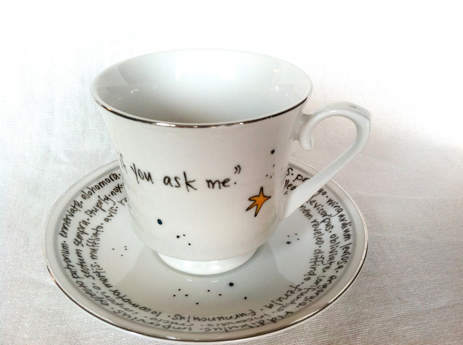 The Grim Teacup - "You need your Inner Eye Tested" Ron Weasley quote - hand-painted teacup and saucer with tea leaves and spells
