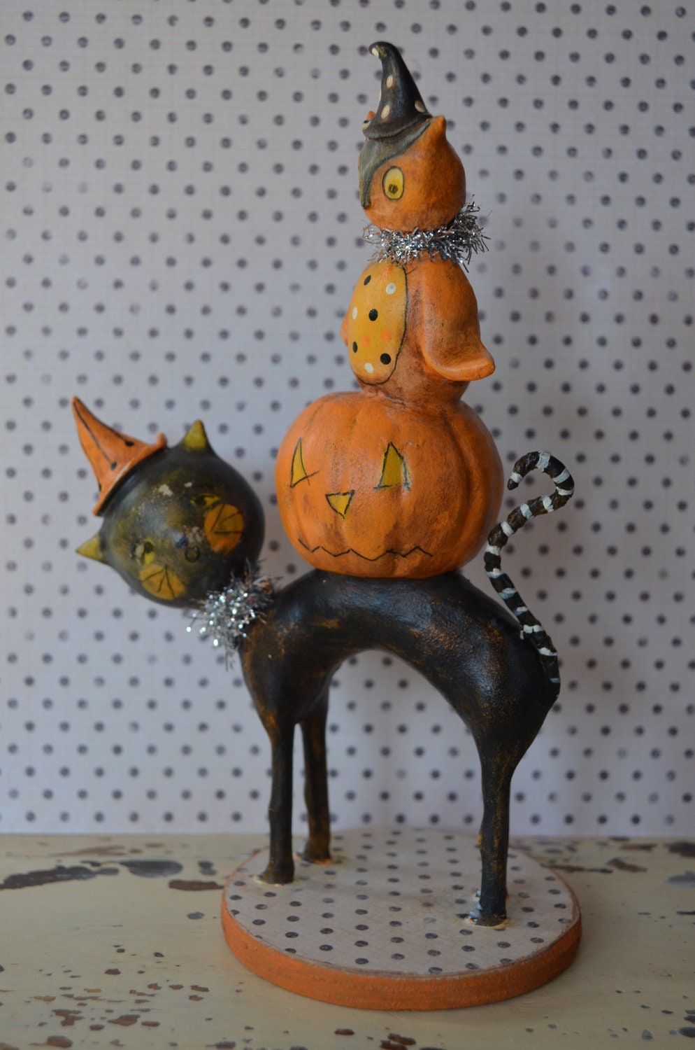Halloween Folk Art "Black Cat Stack" Paperclay
