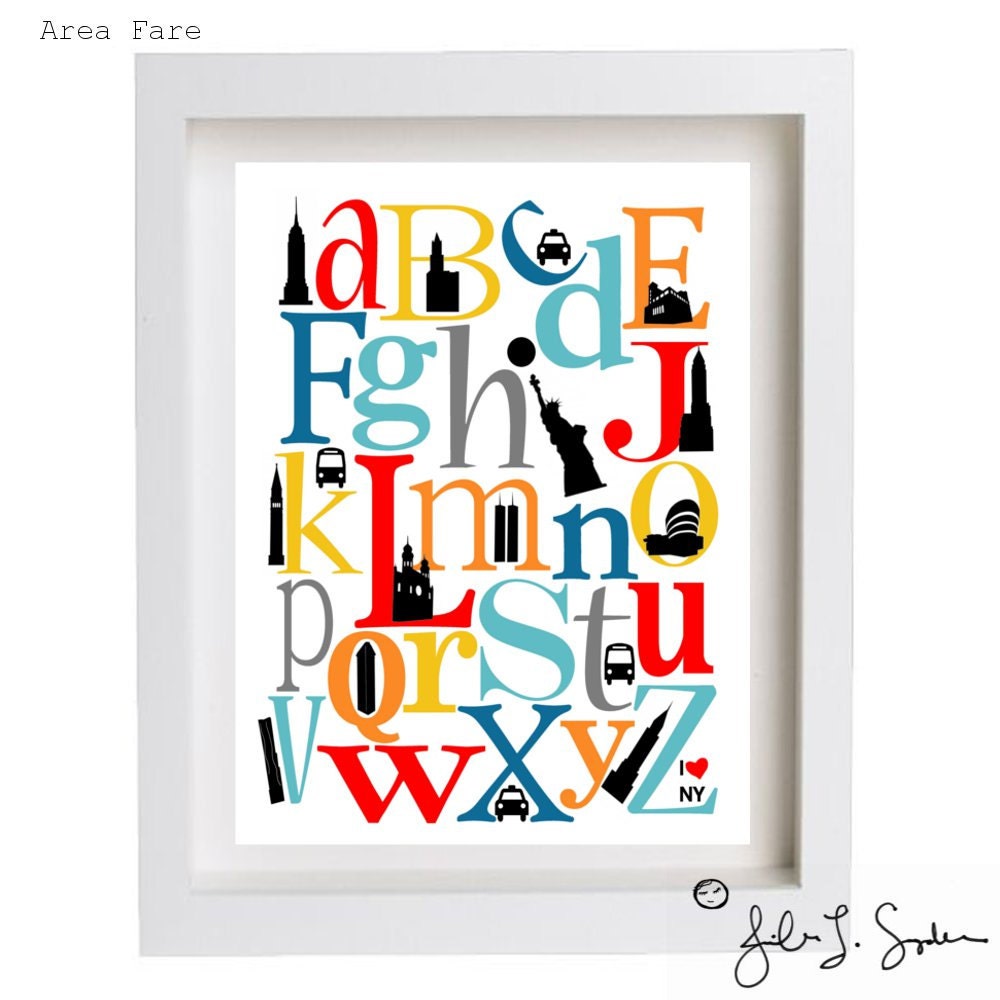 8 X 10 "I (heart) NYC" Iconic buildings ABC Nursey Art Print