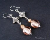 Cross Dangle Earrings -  Silver Plated Cross with Lampwork Glass and Crystals - Peach Earrings - Glass and Crystal Jewelry