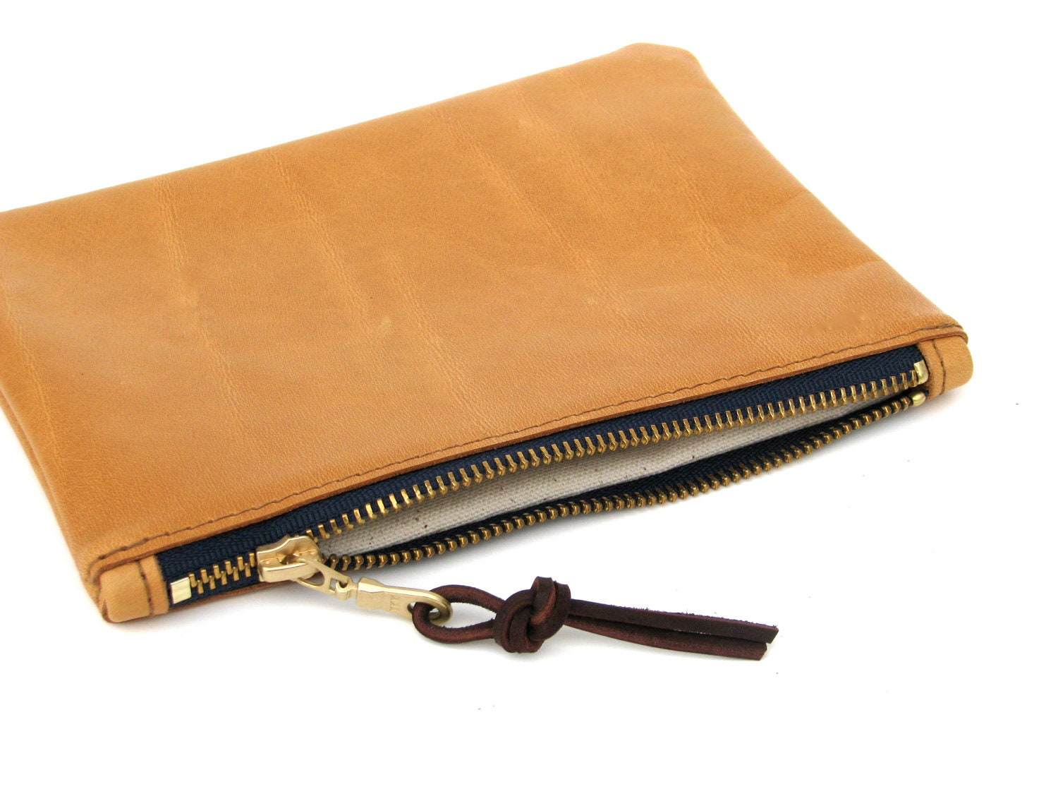 C L A S S I C   / / /  The Leather Writer's Pouch / / / camel leather clutch with a navy  blue zipper