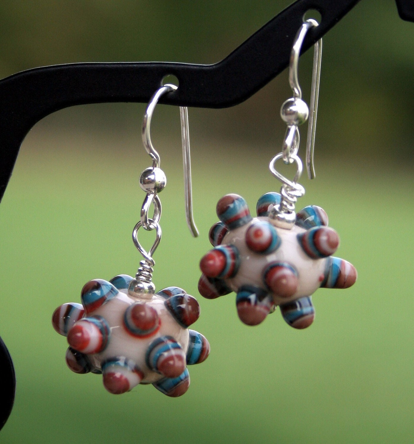 Handmade Butter with Coral & Turquoise Dots Lampworking Sterling Silver Earrings