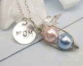 Mom Peas in a Pod Hand Stamped Silver Necklace Pendant - Choose Your Initials or Pearl Colors. Great Gift.