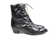 Vintage Womens US 8 1/2 B Black Patent Leather Lace Up High Top Granny Ankle Boots