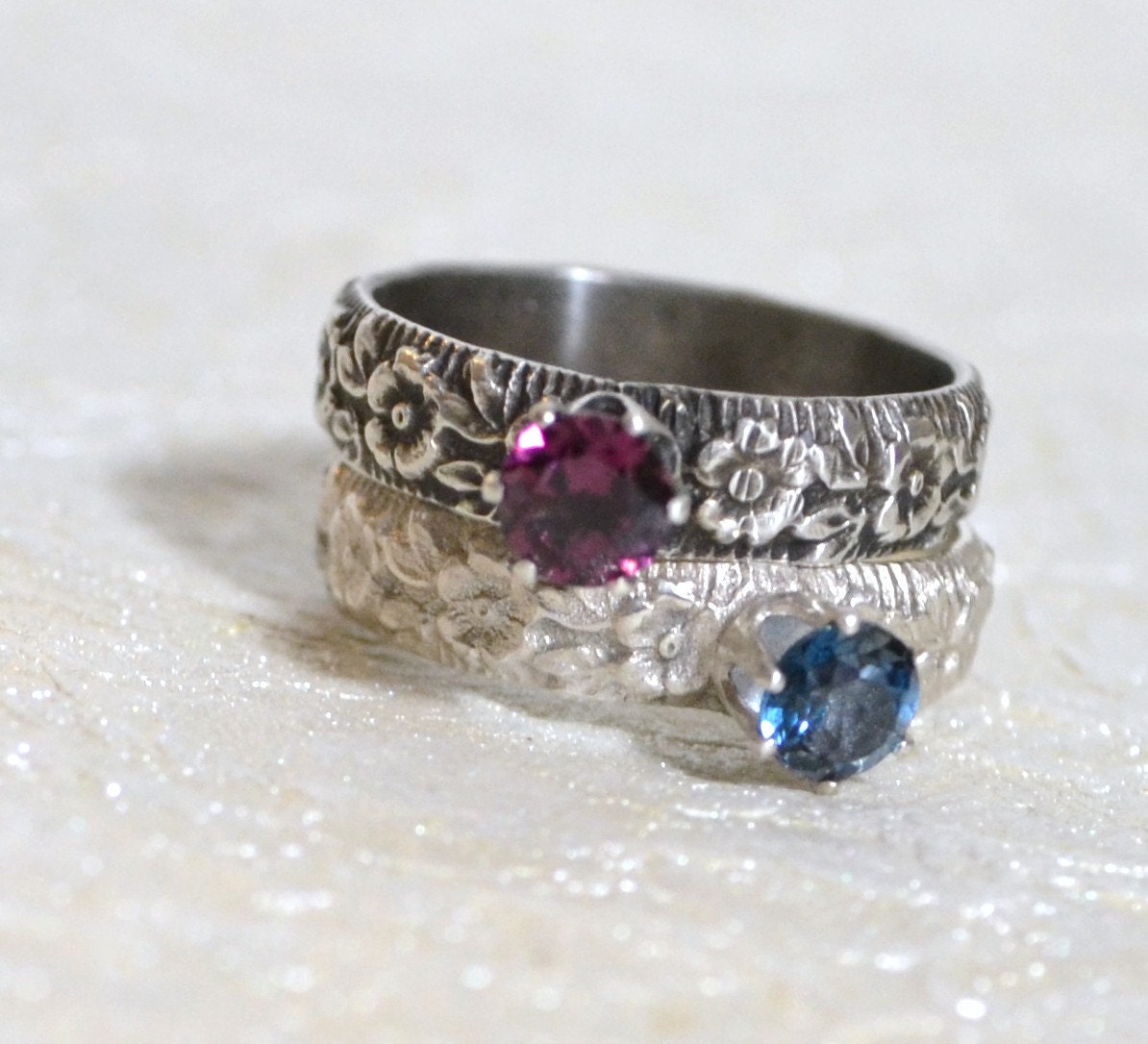 Vintage Style Sterling Silver Ring with Floral Shank, Antiqued Look, Garnet or London Blue Topaz, Made to Order Your Size 4 to 12