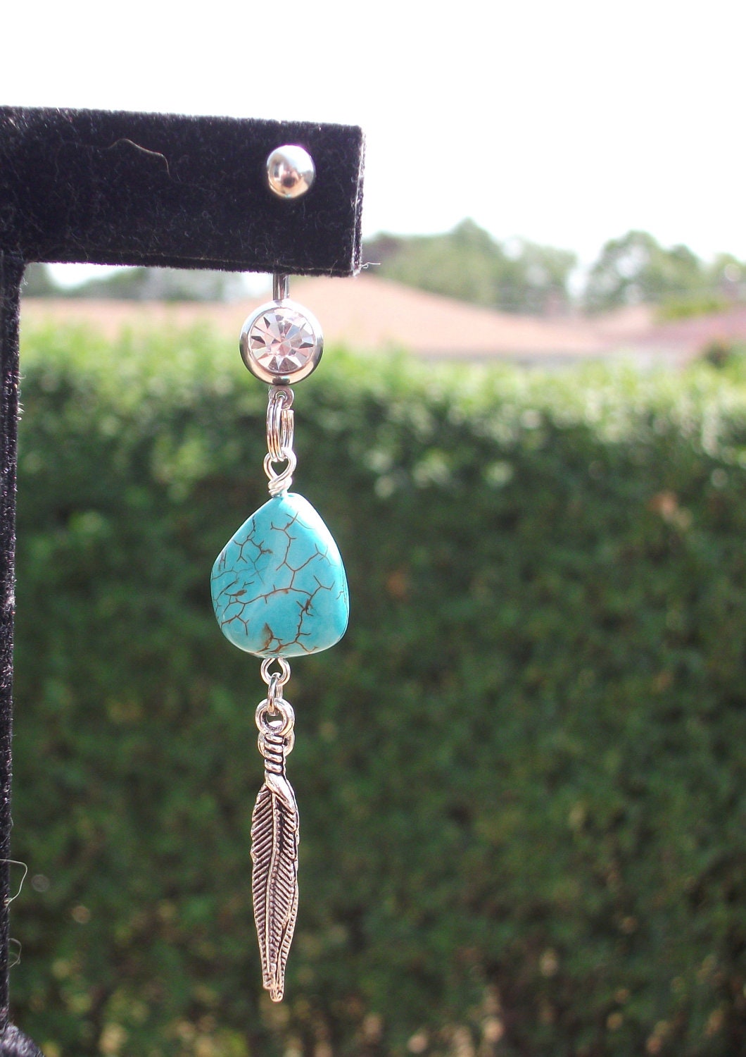 Turquoise Chunk with Feather Dangle Belly Ring 14 Gauge