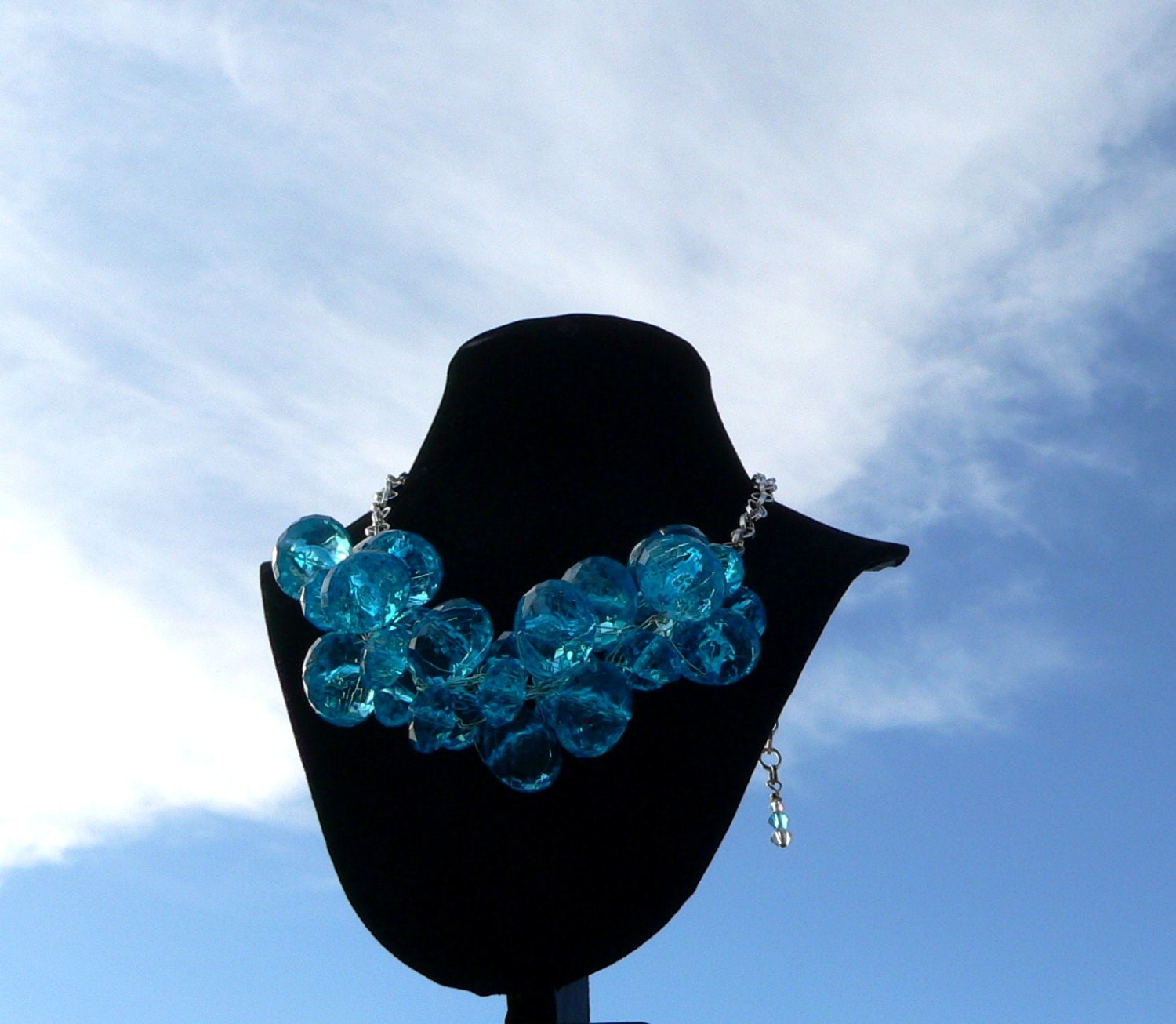 Chunky Turquoise Blue Beaded Wire Crochet Statement Necklace Wedding Bridal Prom Quinceanera  -  Coconut Blue Rock Candy