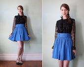 vintage 1980's blue silk shantung high waisted mini skirt / size s - m