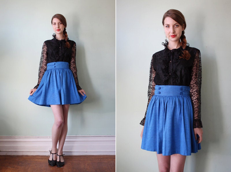 vintage 1980's blue silk shantung high waisted mini skirt / size s - m