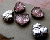New - Czech Glass Bead - Maple Leaf - Pink and Silver - 10 - 10x13mm (cab-484)