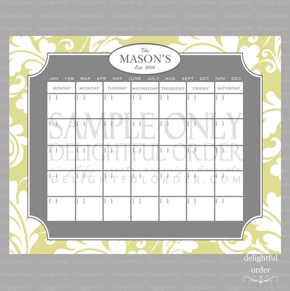 Custom Damask Calendar - 16x20 JPEG Digital/Printable File - You Choose Your Color - You Print