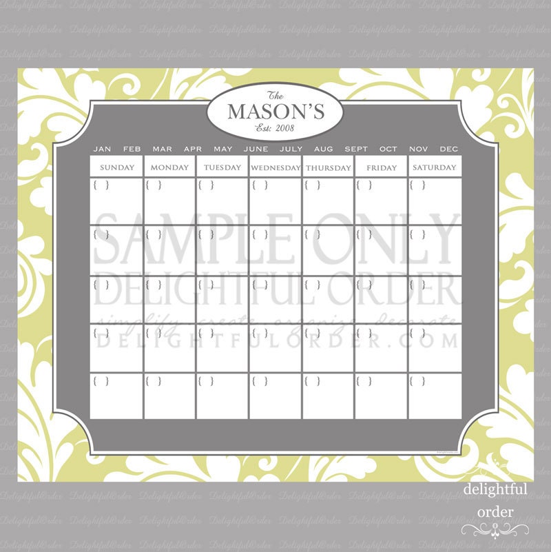Custom Damask Calendar - 16x20 JPEG Digital/Printable File - You Choose Your Color - You Print
