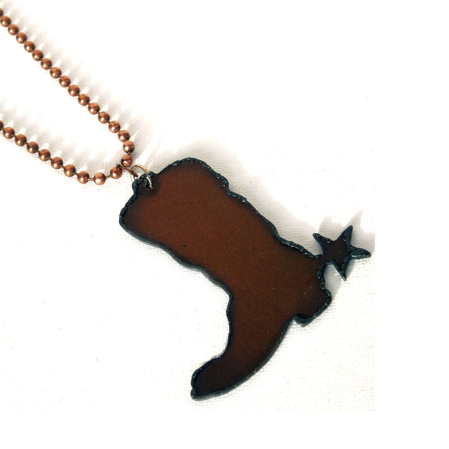 Boot and Spur Metal Pendant in Copper Brown with Ball Chain