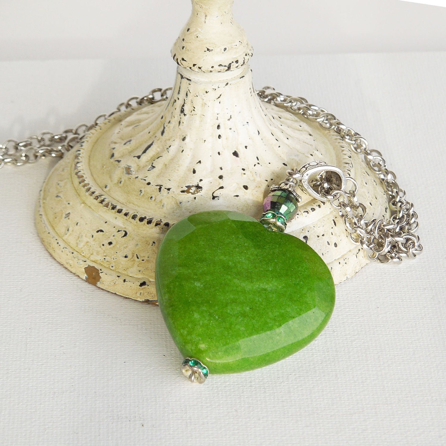 Large Green Apple Heart Glass Pendant Gem Cut with Glass Crystals on Silver Chain