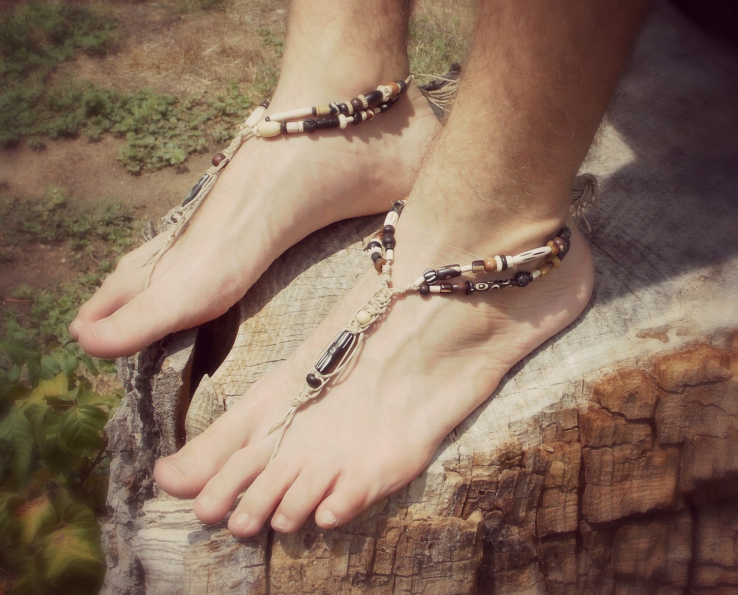 Barefoot Sandals Men Dudes Unisex Surf Hemp Hippie Bottomless Shoes Festivals Beach Sandals Tribal Bone Beads