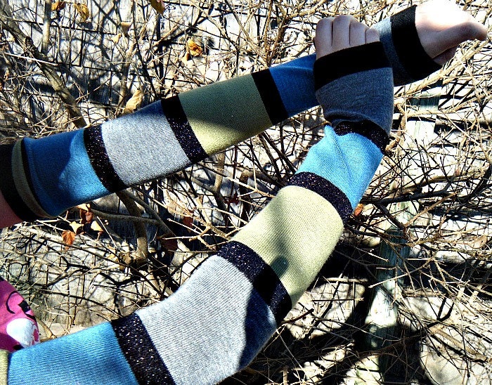 Gray and Olive Arm Warmers With Black Metallic Stripes. Nice Long  Arm Warmers. ON SALE WAS 18.00