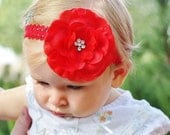 hair bow flower clip...RED flower hairbow...crochet or lace headband...Christmas head band for infant, newborn, toddler and little girls
