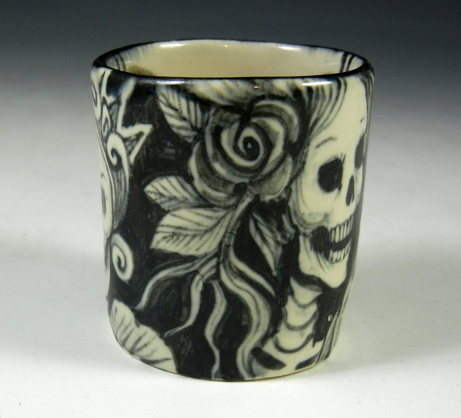 reserved pair of cups-Black and white OOAK porcelain painted cup- skeletons and lady with frog and bird cup