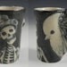 reserved pair of cups-Black and white OOAK porcelain painted cup- skeletons and lady with frog and bird cup