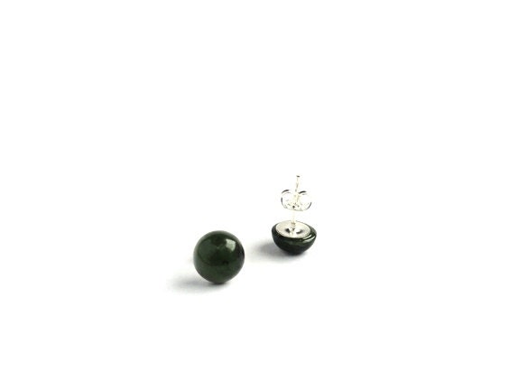 Green earrings - hunter olive jade stud post - gemstone dark Fall colors retro mod jewelry gift for her Christmas holiday stocking stuffer