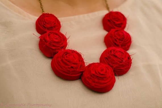 Red rosette bib necklace, wedding statement necklace, bridesmaids unique necklace